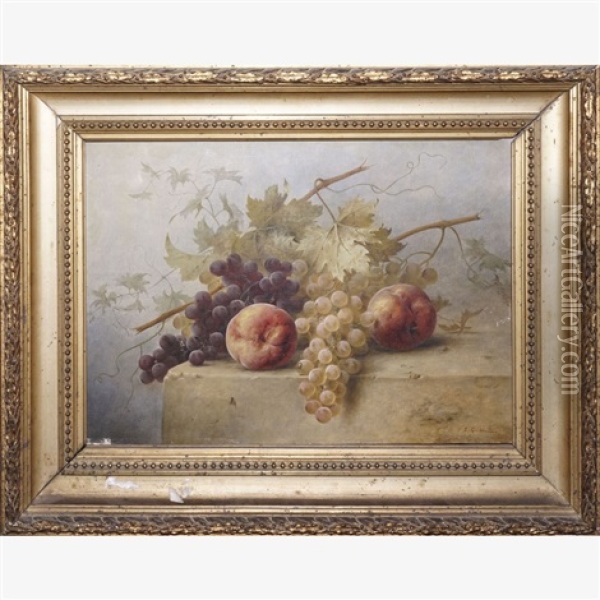Peches Et Grappes De Raisin Sur Un Entablement Oil Painting - Joseph-Eugene Gilbault
