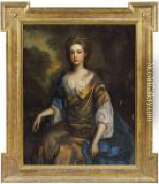 Portrait Of A Lady, Traditionally Identified As Nell Gwynne(1650-1687), Three-quarter-length In A Gold Silk Dress And Bluewrap, In A Landscape Oil Painting - Thomas Murray