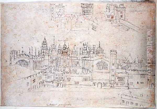 Studies of Palace of Oatlands and Hampton Court, from The Panorama of London, c.1544 Oil Painting - Anthonis van den Wyngaerde