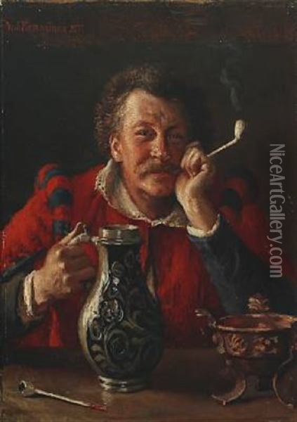 Pipe Smoking Farmhand With A Beer Mug Oil Painting - Vilhelm Rosenstand