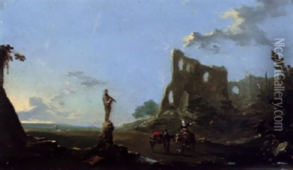 Two Travellers In A Landscape With Ruins Oil Painting - Norbert Joseph Carl Grund