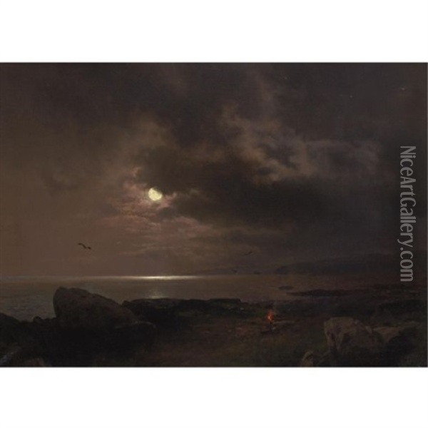 A Bonfire In The Moonlight Oil Painting - Hermann Herzog