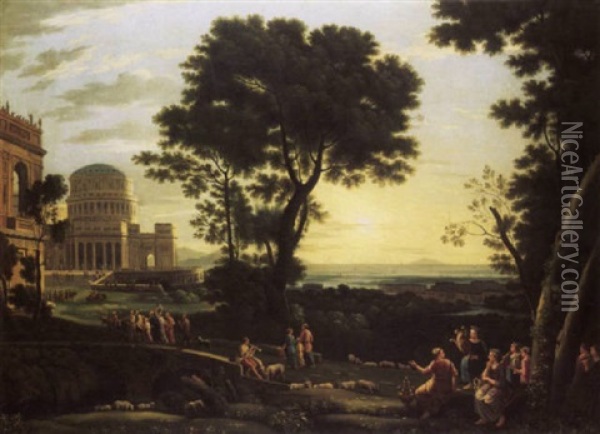 A View Of Delphi With A Procession Crossing A Bridge Oil Painting - Claude Lorrain