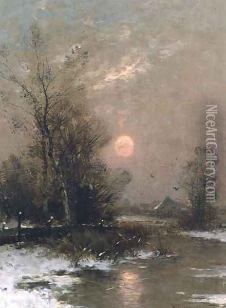 Winter Sunset Oil Painting - Johann II Jungblut