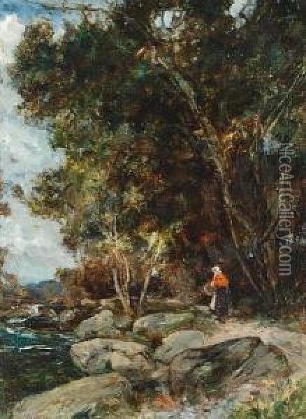 A Path By The River Oil Painting - Joseph Vickers De Ville