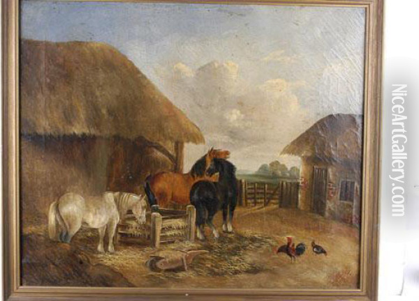 Horses And Chicken In A Farmyard Oil Painting - John Frederick Herring Snr
