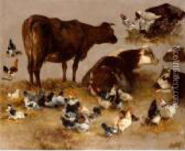 Study Of Cows And Chickens Oil Painting - Alexandre Defaux