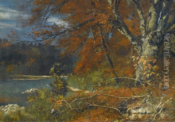 Herbstliche Flussuferpartie Oil Painting - Ferdinand Leeke
