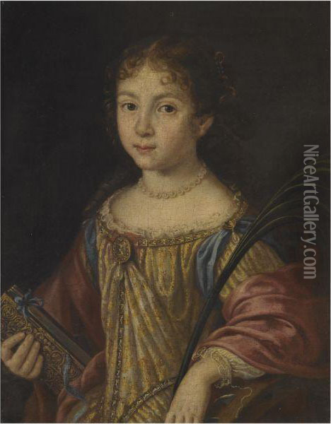 A Portrait Of A Young Girl As Saint Catherine Holding A Book Andthe Martyr's Palm Oil Painting - Pier Francesco Cittadini Il Milanese