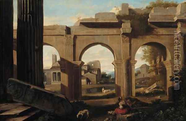 A capriccio of Roman ruins with figures by a lake Oil Painting - Viviano Codazzi