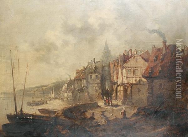 A Coastal Town Scene Oil Painting - Alexandre Defaux