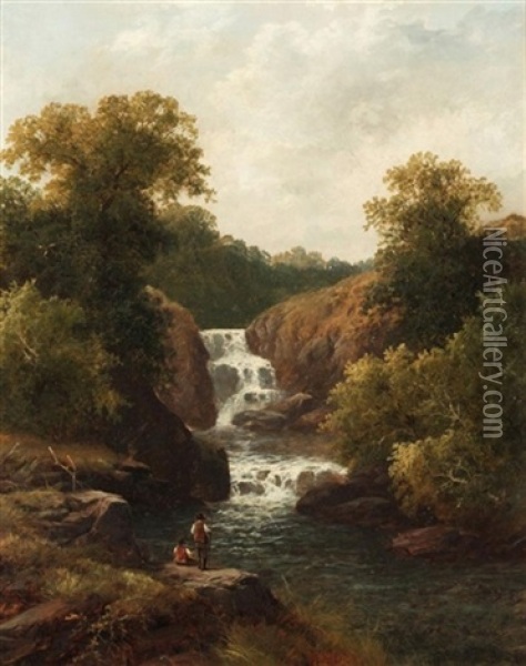Mellincourt Falls (+ River Scene; Pair) Oil Painting - Thomas Stanley Barber