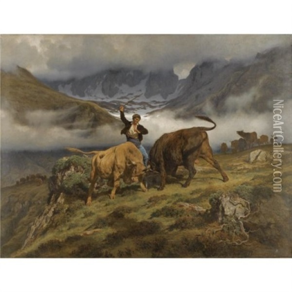 Le Combat, Souvenir Des Pyrenees Oil Painting - Auguste (Francois Auguste) Bonheur