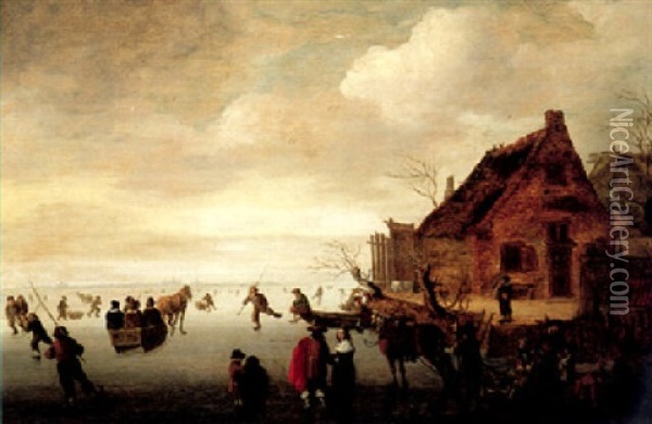 A Winter Landscape With Figures Skating On A Frozen River, A View Of Haarlem On The Horizon Oil Painting - Cornelis Beelt