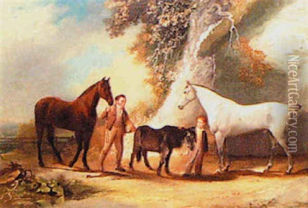 Master Charles Headlon And His Pony With Horses At Jesmond Dean Oil Painting - William Malbon