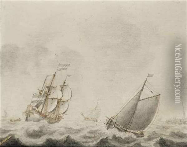 A Schiff And A Three-master Sailing Close To Shore In Choppy Waters Oil Painting - Cornelis Pietersz De Mooy