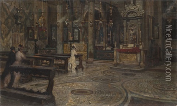 Interno Di Chiesa Con Figure In Preghiera Oil Painting - Luigi Sorio