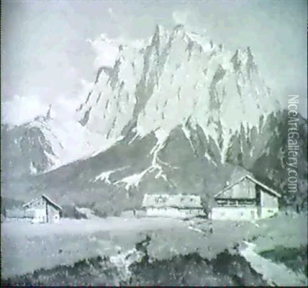 Blick Auf Die Zugspitze Von Dem Stadtchen Ehrwald Oil Painting - Hans Maurus