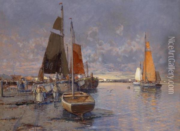Fishermen In The Harbour In The Evening Light Oil Painting - Georg Fischof