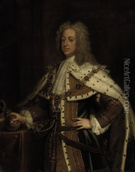 Portrait Of King George Ii When Prince Of Wales In Robes Of State And Wearing The Collar Of The Garter Oil Painting - Enoch Seeman