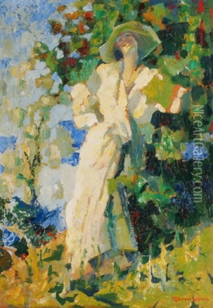 Elegante Dame Sich Zurucklehnend In Der Sonne Vor Einem Busch Am Lago Maggiore Oil Painting - Giuseppe Amisani