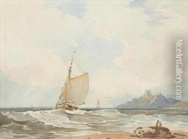 Fishing Boats Running Inshore Off Bamburgh Castle, Northumberland Oil Painting - John Varley