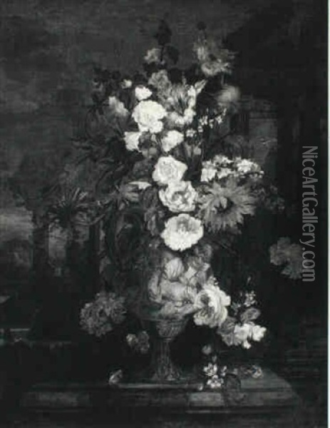 Elaborate Still Life Of Flowers In An Urn, A Park Beyond Oil Painting - Jean-Baptiste Monnoyer