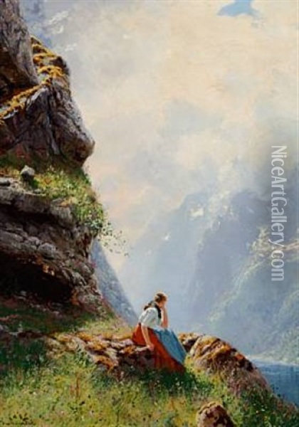 Norwegian Peasant Girl On A Mountain Slope With A View Over A Fjord Oil Painting - Hans Andreas Dahl