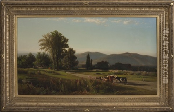 Pastoral Landscape With Farmhouse, Sheep And Cows Oil Painting - William M. Hart