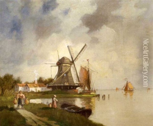Old Mill At Dordrecht, Holland Oil Painting - Walter Franklin Lansil