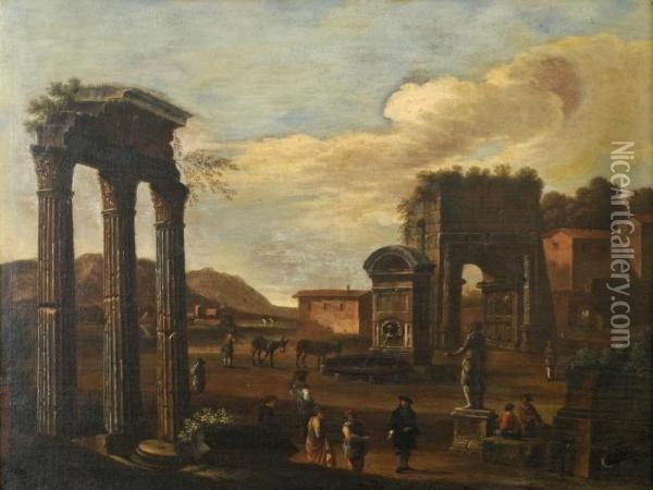 Figures Amidst Classical Ruins Oil Painting - Giovanni Ghisolfi