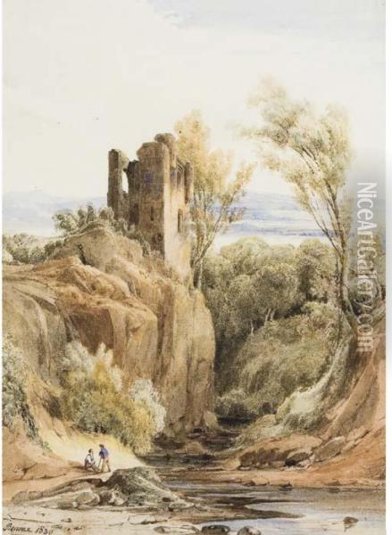 Deux Personnages Discutant Dans Un Paysage Avec Ruines Et Cours D'eau Oil Painting - Charles Caius Renoux