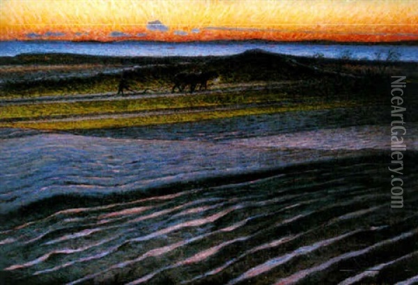 Landskap I Solnedgangsstamning Oil Painting - Nils Kreuger