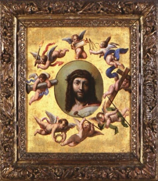 Ecce Homo Entoure D'anges Portant Les Instruments De La Passion Sur Fond D'or Oil Painting - Pierre Mignard the Elder