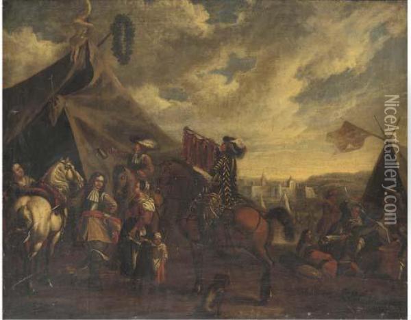Cavalry Officers With Their 
Chargers And A Mounted Trumpeter Beforea Sutler's Booth, An Encampment 
Beyond Oil Painting - Pieter Wouwermans or Wouwerman