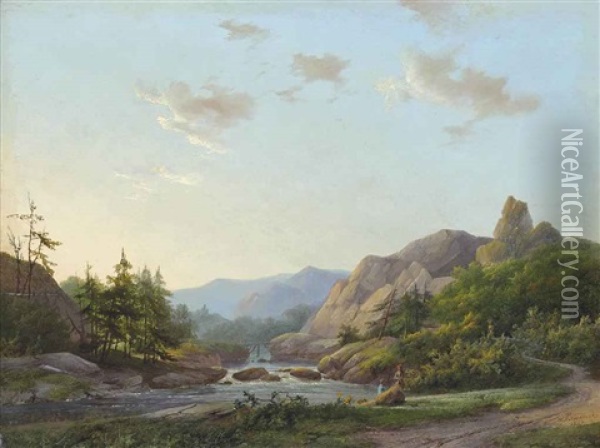 Travellers Resting By A River At Dusk Oil Painting - Marinus Adrianus Koekkoek