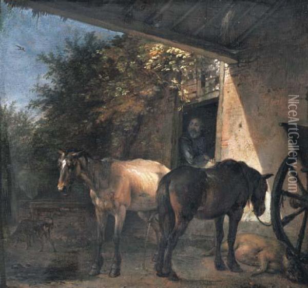 A Barnyard With Two Plough Horses Oil Painting - Paulus Potter