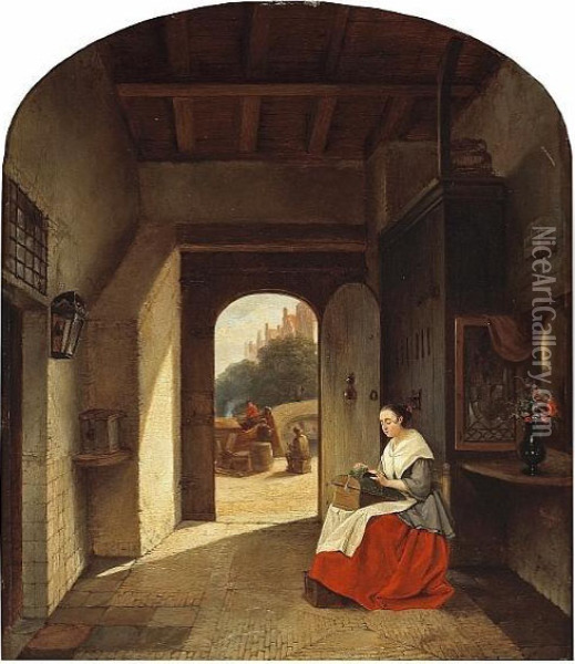 An Interior With A Woman Seated By An Open Door Oil Painting - Antoine Balthasar Stroebel Johannes