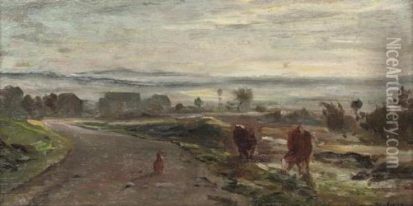 Cows Grazing On The Road Side Oil Painting - Charles-Francois Daubigny