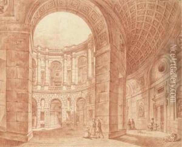 La Cour Du Palais Farnese A Caprarola Oil Painting - Jean Augustin Renard