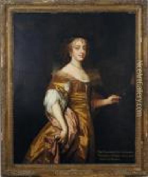 Portrait Of The Countess Of 
Northumberland, Standing Three-quarter Length, In A Gold Dress And 
Pearls, In A Landscape Oil Painting - Sir Peter Lely