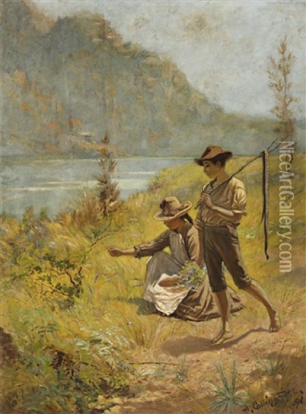 Children By A River Oil Painting - Arthur De Tourcey Collingridge