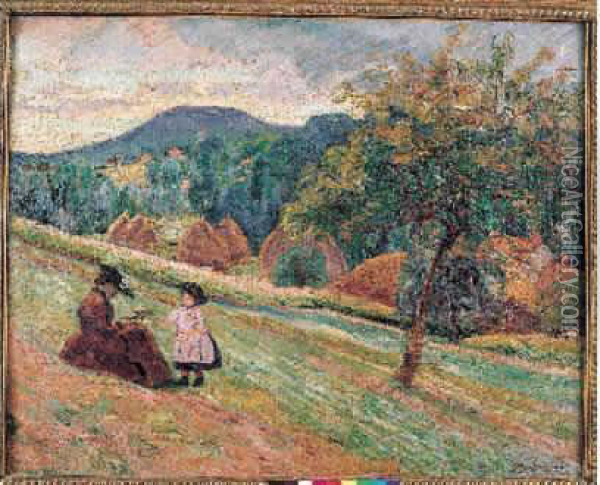 Femme Et Enfant Assis Sur Un Coteau A Bretigny, Circa 1890 Oil Painting - Armand Guillaumin