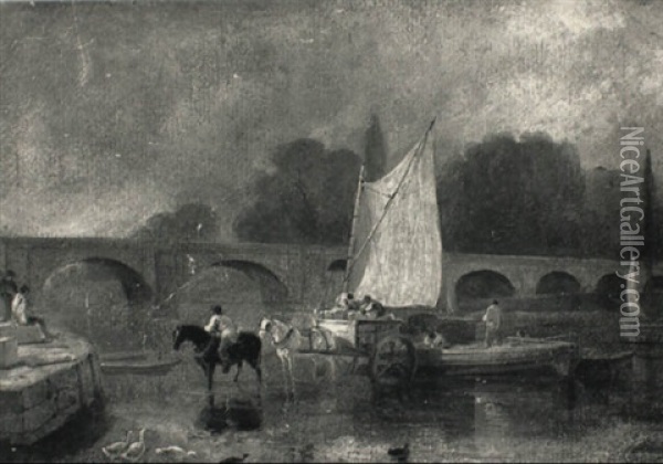 Richmond Bridge With A Horse And Cart Unloading Cargo From A Barge Oil Painting - William Daniell