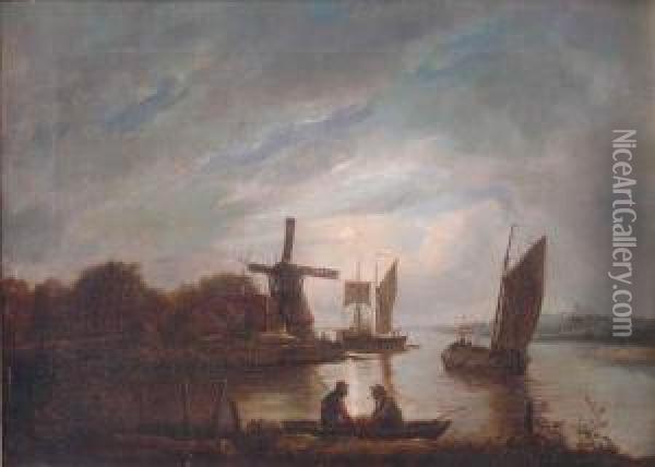 Amoonlit River Scene With Figures In A Boat, A Windmill Beyond Oil Painting - John Berney Crome