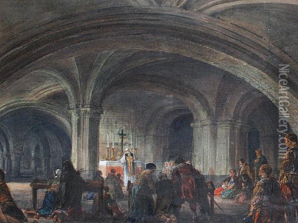 A Cathedral Interior, Thought To Be St Bavo, Ghent Oil Painting - Louis Haghe