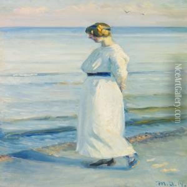 Young Girl Strolling Along Skagen Beach Oil Painting - Michael Ancher