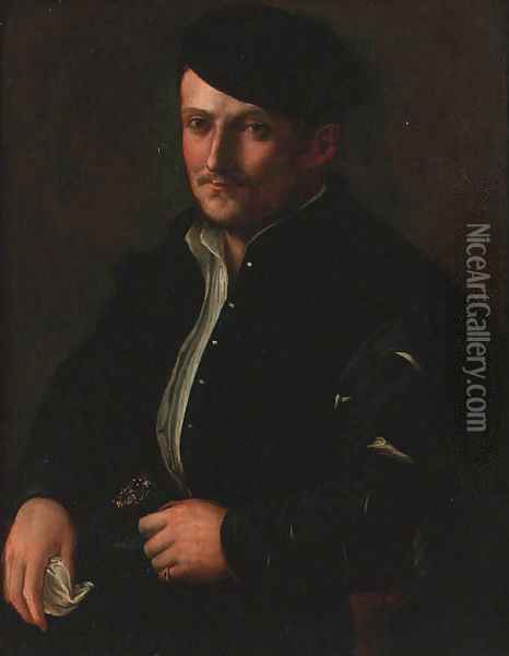 Portrait of a man, seated small-half-length, in a black coat and cap Oil Painting - Hans Holbein the Younger