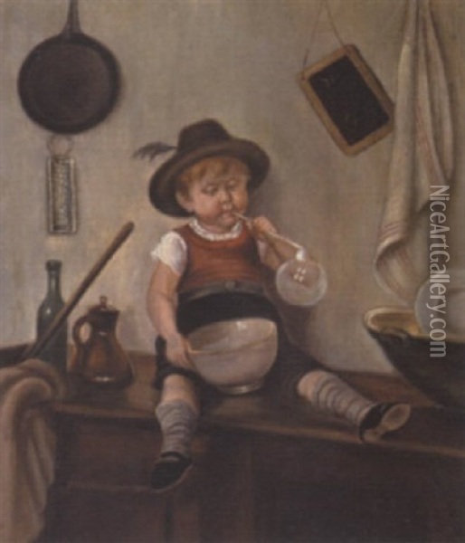 Interior Med Dreng, Der Blaeser Saebeboble Oil Painting - Peter Julius Larsen