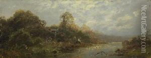 Zwei Angler Am Fluss. Oil Painting - Otto Fedder